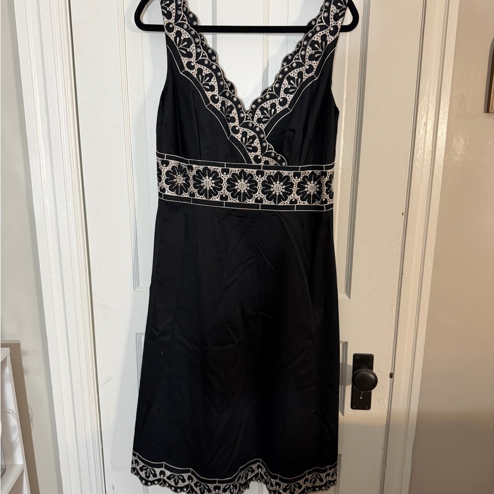 Ann Taylor Black Midi Dress with White Embroidered Details